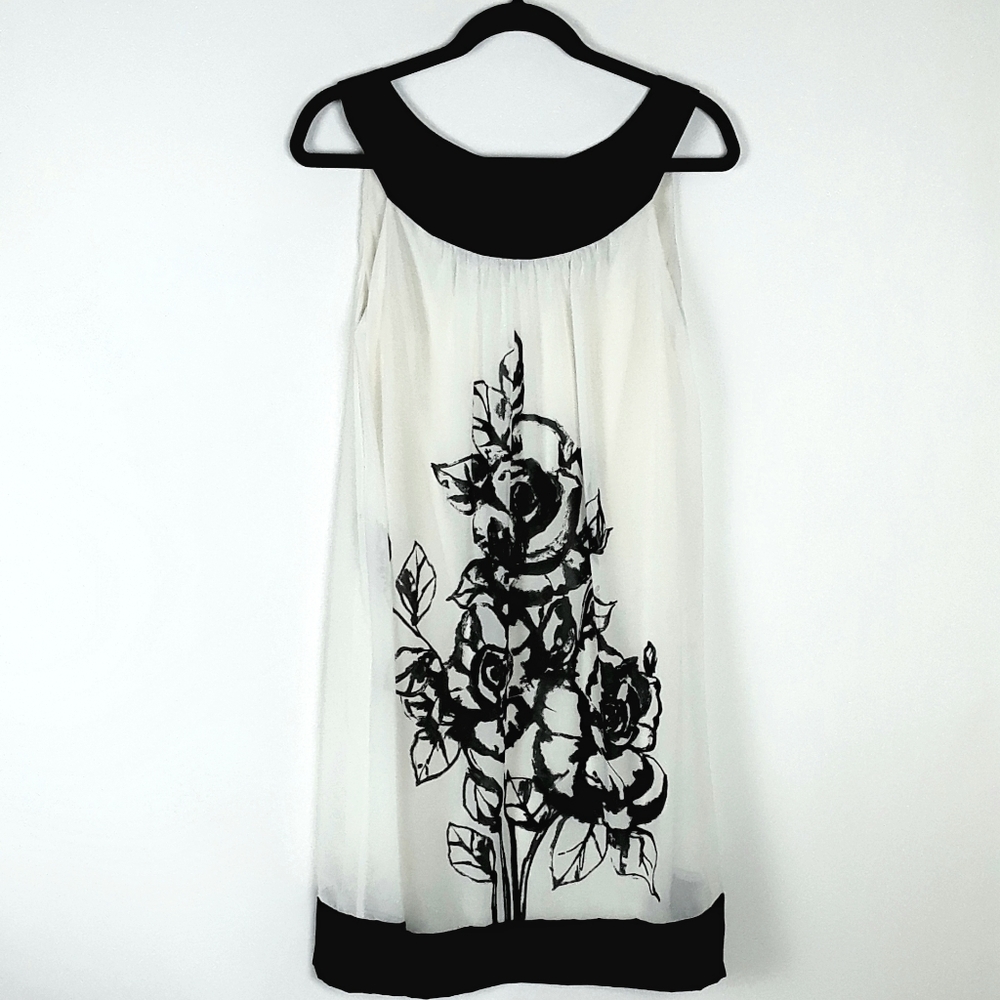 Floral Print Black and White Top Shirt Size 10 Women's Sleeveless Long